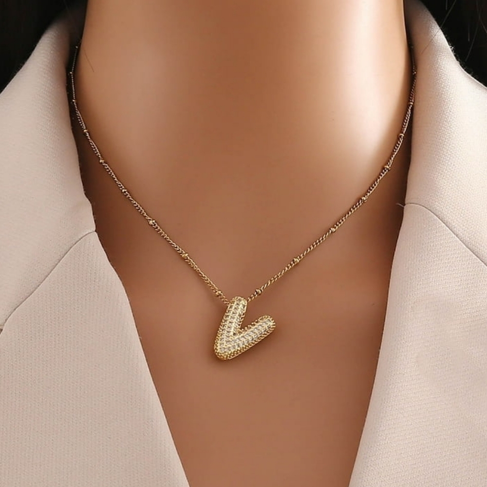Crystal Bubble Letter V Necklace